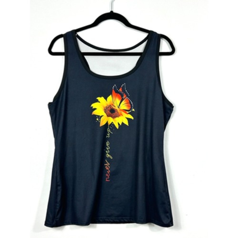 DENATER Racerback Tank Top‎ Womens XLarge Black Sunflower Butterfly Graphic